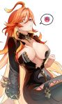  1girl absurdres ahoge biker_clothes black_bodysuit bodysuit breasts commentary_request dated_commentary earrings genshin_impact highres jewelry large_breasts mavuika_(genshin_impact) multicolored_hair orange_eyes orange_hair orange_pupils parted_lips partially_unzipped red_hair sevenninet47503 simple_background sitting solo spoken_emoji sun_earrings sweat symbol-shaped_pupils two-tone_hair white_background 