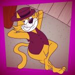 2025 anthro artist_name black_eyes black_nose clothing digital_media_(artwork) domestic_cat felid feline felis fence fur gavanzude half-closed_eyes hands_behind_head hands_behind_own_head hanna-barbera hat headgear headwear hi_res looking_away male mammal multicolored_body multicolored_fur narrowed_eyes outside purple_clothing purple_hat purple_headwear purple_topwear purple_vest smile solo tail teeth text top_cat top_cat_(series) topwear two_tone_body two_tone_fur two_tone_hat vest whiskers white_body white_fur wood wood_fence yellow_body yellow_ears yellow_fur yellow_tail