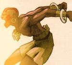  1boy angry bald barefoot bengus capcom dark_skin dhalsim earrings facepaint facing_to_the_side fighting_stance game_cg highres jewelry male_focus marvel marvel_vs._capcom marvel_vs._capcom_2 muscular necklace no_pupils non-web_source official_art open_mouth scan sidelighting simple_background skull_necklace solo street_fighter wrist_wrap 