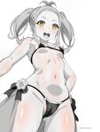  1girl armpits ass_visible_through_thighs bare_shoulders bikini black_bikini blush body_blush breasts commentary commentary_request crotch dripping earrings from_below harutoyumaarts highres jewelry liliana_masquerade medium_hair micro_bikini monochrome narrow_waist navel open_mouth partially_colored petite pussy pussy_juice re:zero_kara_hajimeru_isekai_seikatsu sidelocks simple_background small_breasts solo swimsuit teeth twintails upper_teeth_only white_background yellow_eyes 
