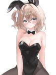  1girl animal_ears astrachan949 bare_shoulders black_leotard black_pantyhose blush breasts brown_hair cowboy_shot fake_animal_ears green_eyes highres indie_virtual_youtuber large_breasts leotard nimi_nightmare pantyhose playboy_bunny rabbit_ears simple_background solo strapless strapless_leotard virtual_youtuber white_background 
