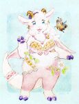  accessory anthro arthropod bee biped blue_background blue_eyes bovid caprine curled_horn duo female flower food fur furgonomics gesture goat hi_res hooves horn hymenopteran insect jewelry mammal necklace plant purple_hooves sakanaribbon simple_background standing tail tail_accessory traditional_media_(artwork) waffle waffle_costume white_body white_fur wings 