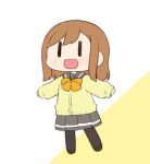  1girl :d black_pantyhose black_shoes bow bowtie brown_hair cardigan chibi chibi_only commentary grey_sailor_collar grey_skirt kunikida_hanamaru long_hair long_sleeves love_live! love_live!_sunshine!! miniskirt miyako_hito open_mouth outstretched_arms pantyhose pleated_skirt sailor_collar school_uniform serafuku shoes skirt sleeves_past_wrists smile solo standing uranohoshi_school_uniform winter_uniform yellow_background yellow_bow yellow_bowtie yellow_cardigan |_| 