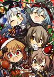  5girls 7:08 beret cake chibi christmas christmas_cake christmas_ornaments christmas_tree closed_eyes cup dinergate_(girls_frontline) drink drinking food g11_(girls_frontline) gift girls_frontline hat highres hk416_(girls_frontline) multiple_girls one_eye_closed pie santa_hat siblings sisters sleeping socks turkey_(food) twins ump40_(girls_frontline) ump45_(girls_frontline) ump9_(girls_frontline) 