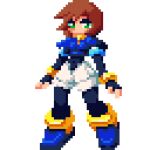  1girl aile_(mega_man_zx) black_bodysuit blue_jacket bodysuit brown_hair cropped_jacket full_body green_eyes jacket jezeargdraw mega_man_(series) mega_man_zx pixel_art short_hair shorts simple_background solo transparent_background white_shorts 