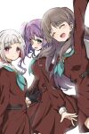  3girls :d ^_^ amatume111 aqua_neckerchief arm_up backlighting black_choker blush bob_cut brown_dress brown_hair choker closed_eyes commentary_request cowboy_shot diagonal_bangs dress flower fujishima_megumi green_eyes grey_hair hair_flower hair_ornament hasu_no_sora_school_uniform highres inverted_bob link!_like!_love_live! long_hair long_sleeves love_live! medium_dress multicolored_hair multiple_girls neckerchief o-ring o-ring_choker open_mouth otomune_kozue pleated_dress profile purple_hair red_eyes red_flower red_hair sailor_collar school_uniform short_hair side_ponytail simple_background smile standing star_(symbol) star_hair_ornament streaked_hair tassel tassel_hair_ornament two_side_up virtual_graduation_commemoration virtual_youtuber white_background white_sailor_collar winter_uniform yugiri_tsuzuri 
