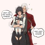  1boy 1girl anger_vein black_gloves black_hair black_shirt black_shorts breasts cleavage closed_eyes crossed_arms dante_(devil_may_cry) devil_may_cry_(series) devil_may_cry_5 fingerless_gloves gloves goggles goggles_around_neck green_eyes grey_background groping heterochromia highres jacket jumpoon lady_(devil_may_cry) midriff red_eyes red_jacket shirt shorts signature simple_background smile speech_bubble sweatdrop white_hair white_shirt 