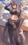  1girl absurdres adjusting_goggles arm_up asymmetrical_gloves belt black_choker black_gloves black_hair black_pants black_shoes breasts choker cloud crop_top foot_out_of_frame gloves goggles goggles_on_head grace_howard grey_gloves grin hand_up highres holding large_breasts leggings looking_at_viewer midriff mismatched_gloves navel orange_eyes oribito_(dnwd3782) outdoors pants shoes short_hair sitting smile solo sports_bra stomach zenless_zone_zero 