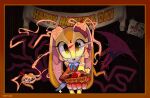  1other 2girls absorbing bare_shoulders blood blood_on_hands body_horror box brown_eyes collared_dress colored_skin corruption crazy_smile cream_the_rabbit dark_persona drawing_(object) dress eldritch_abomination empty_eyes flesh gift gift_box gloves heart highres holding holding_knife horror_(theme) knife long_fingers looking_at_viewer monster mother&#039;s_day multiple_girls no_humans orange_dress possessed purple_skin red_dress sharp_teeth sleeveless sleeveless_dress smile spikes teeth twentyann vanilla_the_rabbit veins white_gloves yellow_eyes 