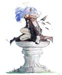  1girl aqua_eyes arknights bare_legs black_hair black_jacket black_wings blue_hair dated energy_wings floating_hair from_side full_body fur-trimmed_hood fur_trim hair_between_eyes halo hashtag-only_commentary highres hood hooded_jacket jacket light_smile long_hair long_sleeves looking_at_viewer mostima_(arknights) on_one_knee pppmepl sidelocks signature simple_background solo stone_pillar traditional_halo white_background wings 