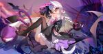  1girl absurdres bat_hair_ornament black_dress black_hair black_thighhighs chinese_commentary cleft_of_venus commentary_request demon_girl demon_tail dress full_body hair_ornament head_wings highres kele_mimi knees_up long_sleeves looking_at_viewer mismatched_thighhighs multicolored_hair no_panties no_shoes original pointy_ears pussy red_eyes solo tail thighhighs two-tone_hair white_hair white_thighhighs wings 