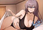  1girl alternate_costume alternate_hairstyle arm_under_breasts armpits azur_lane bare_shoulders bedroom black_bra black_panties blue_eyes bra breasts cleavage collarbone commission crossed_bangs curtains grey_hair hair_between_eyes hair_down highres intrepid_(azur_lane) jewelry large_breasts lifting_covers long_hair looking_at_viewer lying midriff mole mole_on_breast nokaa_aru on_bed on_side panties ring sideboob sidelocks signature smile thighs underwear wedding_ring wide_hips 