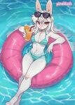 anthro areola areola_slip beverage bikini bikini_bottom bikini_top breasts clothed clothing container cup digital_media_(artwork) eyewear eyewear_on_head female fur hair hi_res holding_container holding_cup holding_object inflatable juice_(beverage) lagomorph leporid looking_at_viewer lying mammal navel on_back orange_juice outside partially_submerged pineblush pool pool_float pool_toy rabbit smile solo sunglasses sunglasses_on_head swimwear two-piece_swimsuit water white_body white_fur