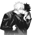  2boys arm_on_another&#039;s_shoulder artist_name closed_eyes closed_mouth colored_eyelashes dirty dirty_face eyelashes front-to-back fushiguro_megumi gojou_satoru green_eyes greyscale handkerchief high_contrast holding holding_handkerchief jujutsu_kaisen jujutsu_tech_uniform kaicggo kiss kiss_day kissing_cheek long_sleeves male_focus monochrome multiple_boys popped_collar profile short_hair simple_background spiked_hair surprise_kiss surprised u_u upper_body very_short_hair watermark weibo_watermark white_background wide-eyed wiping_face yaoi 