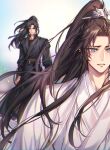  2boys absurdres black_hair black_hanfu black_sash black_undershirt blue_eyes blue_ribbon blurry blurry_background brown_hair chinese_clothes chu_wanning clenched_hand clenched_teeth crying crying_with_eyes_open depth_of_field erha_he_tadebai_mao_shizun hair_ribbon half_updo hanfu high_ponytail highres korean_commentary long_hair long_sleeves looking_ahead looking_at_another male_focus mo_ran multiple_boys ponytail ribbon sash standing tears teeth white_hanfu wind wind_lift xiao_guan_(headdress) zehel_az 