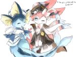 137rt 4:3 ambiguous_gender blue_body blue_eyes clothing crew duo eeveelution feral fin fur generation_1_pokemon generation_6_pokemon hat headgear headwear hi_res nintendo paws pirate pokemon pokemon_(species) sylveon tail text vaporeon white_body