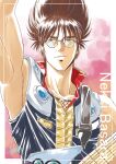  1boy absurdres arm_up armpits artist_name birthday black_jacket border brown_hair character_name collared_jacket commentary dated electric_guitar glasses guitar highres holding holding_guitar holding_instrument instrument jacket light_smile macross macross_7 male_focus nekki_basara outside_border parted_lips round_eyewear short_hair signature sleeveless sleeveless_jacket solo upper_body white_border yellow_eyes yoshinaga_masahiro 