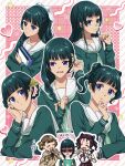  3girls :o alternate_costume blue_eyes blunt_bangs blush_stickers book bow braid brown_sweater chibi closed_eyes comb contemporary flower freckles green_neckerchief hair_bow hair_flower hair_ornament hair_rings hand_up heart highres holding holding_book index_finger_raised kusuriya_no_hitorigoto maomao_(kusuriya_no_hitorigoto) multiple_girls multiple_views neckerchief pink_background school_uniform serafuku shiranomaru shirt shisui_(kusuriya_no_hitorigoto) skirt smile star_(symbol) sweater white_bow white_shirt xiaolan_(kusuriya_no_hitorigoto) 