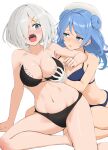  2girls bad_id bad_twitter_id bikini black_bikini blue_bikini blue_eyes blue_hair braid braided_bun breasts cleavage collarbone commentary_request double_bun gloves grabbing_another&#039;s_breast grey_hair groping hair_bun hair_ornament hair_over_one_eye hairclip hamakaze_(kancolle) hand_under_clothes hat highres ichikawa_feesu kantai_collection long_hair looking_at_another medium_hair multiple_girls navel o-ring o-ring_top open_mouth simple_background swimsuit thighs urakaze_(kancolle) white_background white_gloves white_hat yuri 