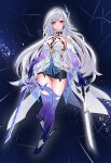  1girl absurdres black_shorts breasts cleavage commentary_request dress ejpytr elbow_gloves genshin_impact gloves highres holding holding_sword holding_weapon large_breasts long_hair purple_gloves purple_thighhighs shorts skirk_(genshin_impact) sky solo space star_(sky) starry_sky sword thighhighs very_long_hair weapon white_dress white_hair 