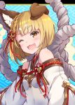  1girl ;d animal_ear_fluff animal_ears bangs blonde_hair blue_background blush braid brown_eyes commentary_request detached_sleeves dog_ears dress erune eyebrows_visible_through_hair fang granblue_fantasy hair_ornament highres long_sleeves looking_at_viewer one_eye_closed open_mouth pilokey short_hair sleeveless sleeveless_dress smile solo thick_eyebrows upper_body vajra_(granblue_fantasy) white_dress white_sleeves 