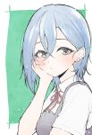  1girl blue_hair blush border breasts cheek_press closed_mouth collared_shirt commentary crossed_bangs dress dress_shirt earrings expressionless green_background grey_dress hair_between_eyes hand_on_own_cheek hand_on_own_face highres jewelry katsuragi_(webmaster909) love_live! love_live!_superstar!! medium_breasts neck_ribbon outside_border partially_colored pinafore_dress red_ribbon ribbon shirt short_hair short_sleeves simple_background sleeveless sleeveless_dress solo stud_earrings summer_uniform upper_body wakana_shiki white_border white_shirt 