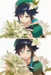  1boy ai-generated aqua_eyes aqua_hair black_hair blush bouquet braid cape chikupoko flower genshin_impact green_cape green_hat hair_between_eyes hair_flower hair_ornament hat highres holding holding_bouquet lily_(flower) looking_at_viewer male_focus multiple_views open_mouth simple_background smile solo_focus twin_braids venti_(genshin_impact) white_background white_flower 