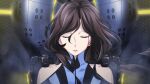  1girl bare_shoulders blood blood_drip blood_from_forehead blood_on_face blue_bodysuit bodysuit brown_hair closed_eyes clothing_cutout collarbone exoskeleton facing_viewer floating_hair fukuda_tomonori game_cg hair_over_shoulder high_collar highres indoors lipstick long_hair makeup mature_female mecha_interior mecha_pilot_suit non-web_source official_art open_mouth parted_bangs pilot piloting red_lips robotics;notes senomiya_misaki shiny_lips shoulder_cutout sitting skin_tight smoke solo tongue vertical-striped_bodysuit 