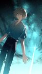  1boy absurdres belt black_belt black_pants blue_sky constricted_pupils cross dutch_angle evil_eyes formal_clothes grey_hair grin highres long_legs looking_afar male_focus mamiya_takuji night night_sky outdoors pants scene_reference shirt short_hair short_sleeves sky smile solo star_(sky) starry_sky subarashiki_hibi white_eyes white_shirt yexinhan 