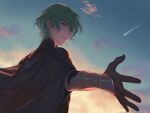  1boy armor black_cape black_gloves black_gorget cape cloud comet commentary commentary_request dusk english_commentary fire_emblem fire_emblem:_three_houses gloves gorget green_eyes green_hair highres looking_ahead male_byleth_(enlightened)_(fire_emblem) male_byleth_(fire_emblem) male_focus mixed-language_commentary outstretched_arm outstretched_hand parted_lips short_hair sky solo teeth upper_body wrainbow13 