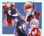  2girls black_hair black_jacket blonde_hair blue_background blue_dress blue_ribbon closed_eyes clothes_grab commentary_request dress hair_ribbon inoue_takina jacket jewelry kumabehaso long_hair looking_at_another lycoris_recoil lycoris_uniform multiple_girls neck_ribbon necklace necktie necktie_grab neckwear_grab nishikigi_chisato open_mouth ponytail purple_eyes red_dress red_eyes red_necktie red_ribbon ribbon sleeping sleeping_on_person smile sweatdrop two-tone_background yuri 