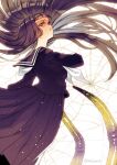  1girl arched_back arthropod_limbs atlach-nacha black_hair blunt_bangs commentary_request feet_out_of_frame floating_hair from_side furrowed_brow hair_floating_upwards hayasaka highres hirasaka_hatsune light_particles long_hair long_skirt long_sleeves looking_at_viewer looking_to_the_side neckerchief parted_lips purple_serafuku purple_shirt purple_skirt red_eyes school_uniform serafuku shaded_face shirt skirt solo spider_web_background twitter_username white_background white_neckerchief 
