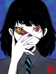  1girl black_hair closed_mouth collared_shirt colored_skin compound_eyes extra_eyes grey_shirt hand_up heterochromia highres looking_at_viewer medium_hair multicolored_eyes necktie original red_eyes shirt shishi_(kuroear99) solo straight-on striped_necktie white_skin 