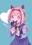  1girl absurdres animal_ears blue_background bow closed_mouth commentary_request ear_bow flower-shaped_pupils grey_bow hair_intakes hairband happy_valentine haru_urara_(umamusume) heart highres holding horse_ears king_halo_(umamusume) long_hair long_sleeves looking_at_viewer moko39_takasora pink_hair pleated_skirt ponytail puffy_long_sleeves puffy_sleeves purple_eyes purple_shirt purple_skirt red_hairband rice_shower_(umamusume) school_uniform shirt simple_background skirt solo symbol-shaped_pupils tracen_school_uniform umamusume valentine very_long_hair 