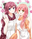  2girls :d \||/ apron aqua_eyes black_bow blush border bow clenched_hand closed_mouth commentary_request cowboy_shot eyes_visible_through_hair frilled_apron frilled_sleeves frills fuyukichi_(nikoniko1567) green_background hair_between_eyes hair_bow hair_intakes hair_ornament hairclip half_updo hand_up highres japanese_clothes kimono kurama_koharu long_hair long_sleeves looking_at_viewer low_ponytail maid maid_apron maniwa_roka multiple_girls open_mouth orange_kimono outside_border pink_hair ponytail red_hair red_kimono senren_banka simple_background smile striped_clothes striped_kimono vertical-striped_clothes vertical-striped_kimono wa_maid waitress waving white_apron white_border wide_sleeves yellow_eyes 