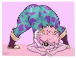 ashido_mina ass_up big_butt black_sclera bodysuit boots border butt clothing eyelashes female footwear front_view green_bodysuit green_clothing green_skinsuit hair hi_res horn horned_humanoid huge_butt humanoid jack-o&#039;_pose lewdpunch looking_at_viewer my_hero_academia one_eye_closed pattern_bodysuit pink_body pink_hair pose purple_background purple_boots purple_clothing purple_footwear shoes simple_background skinsuit solo thick_thighs tight_clothing underwear_outline white_border wide_hips yellow_eyes yellow_horn