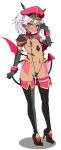  1girl absurdres black_gloves blush boots breasts corruption covered_nipples dark-skinned_female dark_persona dark_skin demon_girl demon_tail demon_wings elbow_gloves frozen_gingasan full_body gloves gunslinger_stratos hat high_heels highres looking_at_viewer navel open_mouth pink_hair pubic_tattoo revealing_clothes shinou_matsurika simple_background slave_gear slingshot_swimsuit small_breasts solo stomach_tattoo swimsuit tail tattoo thigh_boots thigh_strap thighhighs ts_magical_girl_nao twintails variant_set white_background wings yellow_eyes 