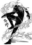  1boy eagleacee earrings fate/grand_order fate_(series) fire full_body gloves greyscale hair_over_eyes highres indra_(fate) jewelry leaning_back leg_up lightning_bolt_symbol long_sleeves monochrome print_shirt shirt simple_background single_earring solo white_background 