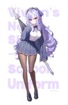  1girl :o absurdres ahoge alternate_costume ascot back_bow black_shoes blue_jacket blue_skirt blush bow bowtie braid breasts brown_pantyhose collared_shirt curly_hair fingernails full_body hair_bow hair_ribbon highres holding holding_polearm holding_weapon jacket large_breasts loafers long_hair long_sleeves looking_at_viewer mole mole_under_eye nail_polish open_mouth pantyhose pink_eyes pointy_ears polearm purple_ascot purple_bow purple_bowtie purple_hair purple_nails purple_ribbon ribbon school_uniform shirt shoes simple_background skirt sleeves_past_wrists solo standing taiyaki12 thighs twitter_username very_long_hair vivian_banshee weapon white_background white_shirt zenless_zone_zero 