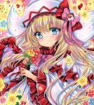  1girl blonde_hair blue_eyes closed_mouth dress embellished_costume flower frilled_dress frills hat holding holding_flower lily_white long_hair long_sleeves looking_at_viewer marker_(medium) red_flower rui_(sugar3) smile solo touhou traditional_media upper_body white_dress white_hat wide_sleeves yellow_flower 