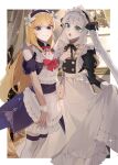  1girl 1other :o absurdres alternate_costume apron bare_shoulders black_dress black_ribbon blonde_hair blue_eyes bow chevalier_d&#039;eon_(fate) curtains dress embarrassed enmaided fate/grand_order fate_(series) flower frilled_apron frilled_sleeves frills garter_straps hair_flower hair_ornament hand_on_own_chest highres indoors juliet_sleeves lily_(flower) long_hair long_sleeves looking_at_viewer maid maid_apron maid_headdress marie_antoinette_(fate) neck_ribbon open_mouth outside_border puffy_sleeves red_bow red_ribbon ribbon short_sleeves sparkle thighhighs twintails very_long_hair wavy_mouth white_apron white_flower white_hair white_thighhighs window wrist_cuffs yukkuri_(fumoyun) 