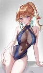  1girl artist_name blue_one-piece_swimsuit blush breasts covered_navel cowboy_shot criss-cross_halter earrings feather_earrings feathers gradient_hair grey_background halterneck highres hololive hololive_english jewelry large_breasts long_hair looking_at_viewer multicolored_hair official_alternate_costume one-piece_swimsuit orange_hair perfume_(takanashi_kiara) pink_eyes ponytail see-through_cleavage see-through_clothes solo ssiiiyyaa standing swimsuit takanashi_kiara thighs virtual_youtuber 