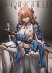  1girl absurdres armor armpit_crease black_bow black_gloves black_ribbon blue_jacket blue_panties bolt_action bow bow_panties breasts brown_hair buckle caiman_pool character_name cleavage closed_mouth collarbone commentary dot_nose english_commentary feet_out_of_frame girls&#039;_frontline girls&#039;_frontline_2:_exilium gloves green_eyes gun hair_between_eyes hair_bow hair_ribbon half_gloves head_tilt highres holding holding_gun holding_weapon jacket lace-trimmed_panties lace_trim long_hair looking_at_viewer m1903_springfield neck_ribbon no_bra open_clothes open_jacket panties revealing_clothes ribbon rifle sash shiny_skin sitting sitting_on_object smile snap-fit_buckle solo spread_legs springfield_(girls&#039;_frontline) springfield_(girls&#039;_frontline_2) thighhighs thighs tile_floor tiles underwear weapon white_sash white_thighhighs 