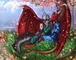  2019 anthro blue_eyes canid canine day detailed_background digital_media_(artwork) dragon duo_focus flashw fox grass group hand_holding horn mammal membrane_(anatomy) membranous_wings outside red_eyes red_tongue rodent scalie sciurid sky smile tongue western_dragon wings 