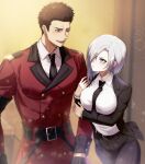  1boy 1girl absurdres arm_hug belt black_belt black_gloves black_hair black_necktie black_pants black_suit blue_eyes breasts brown_eyes buttons coat collared_shirt commander_(girls&#039;_frontline) commentary double-breasted english_commentary girls&#039;_frontline gloves griffin_&amp;_kryuger_military_uniform hair_over_one_eye hatooka highres jacket large_breasts long_sleeves looking_at_another mg5_(girls&#039;_frontline) necktie open_clothes open_jacket pants red_coat second-party_source shirt shirt_tucked_in short_hair suit white_hair white_shirt 