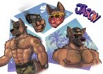 abs anthro arm_hair armpit_hair athletic athletic_anthro athletic_male backwards_baseball_cap backwards_hat baseball_cap belt biceps big_muscles black_eyewear black_sunglasses bodily_fluids body_hair bottomwear brown_body brown_fur camo camo_bottomwear camo_clothing camo_pants camo_print canid canine canis cesar_facas chest_hair clock clothing covered_mouth domestic_dog eyebrows eyewear fur german_shepherd glistening glistening_teeth grand_theft_auto_vi gun handgun hat head_tuft headgear headwear herding_dog hi_res holding_object holding_weapon jason_(gta_vi) jewelry kerchief male mammal muscular muscular_anthro muscular_male navel necklace nipples palm_tree pants pastoral_dog pattern_bottomwear pattern_clothing pattern_pants pecs pistol plant raised_eyebrow ranged_weapon shirtless smile smirk smoking_gun snapback_hat solo stubble sunglasses sweat sweatdrop tail tattoo teeth tree tuft veiny_arms watch weapon wristwatch yellow_eyewear yellow_sunglasses