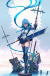  1girl absurdres artknight045 blue_eyes blue_hair blue_necktie blue_ribbon blue_skirt boots breasts day high_heel_boots high_heels highres holding holding_polearm holding_sword holding_weapon huge_weapon long_hair long_sleeves medium_breasts miniskirt necktie original outdoors pleated_skirt polearm ribbon rock skirt solo sword thigh_boots water weapon zettai_ryouiki 