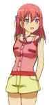  1girl 2017 :d asymmetrical_hair blush female inou-battle_wa_nichijou-kei_no_naka_de kanzaki_tomoyo long_hair open_mouth red_hair shorts smile solo tank_top yellow_shorts 