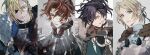  1girl 3boys arm_up armor black_hair black_ribbon black_shirt blonde_hair blood blood_on_armor blood_on_face blue_cape blue_eyes breastplate brown_eyes brown_fur cape closed_mouth curtained_hair dimitri_alexandre_blaiddyd dimitri_alexandre_blaiddyd_(timeskip) downcast_eyes eyepatch felix_hugo_fraldarius felix_hugo_fraldarius_(timeskip) fire_emblem fire_emblem:_three_houses fur-trimmed_cape fur-trimmed_collar fur-trimmed_gloves fur_trim gloves green_eyes hair_behind_ear hair_over_one_eye hair_ribbon high_collar holding holding_weapon ingrid_brandl_galatea ingrid_brandl_galatea_(timeskip) leather leather_gloves looking_at_viewer looking_to_the_side medium_hair multiple_boys one_eye_covered orange_eyes parted_bangs red_fur red_hair ribbon sanpaku shirt sideways_glance sylvain_jose_gautier sylvain_jose_gautier_(timeskip) tassel tsukimura_noe turtleneck upper_body weapon white_fur 