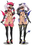  2girls absurdres black_gloves blush boots breasts corruption covered_nipples dark-skinned_female dark_persona dark_skin demon_girl demon_tail demon_wings elbow_gloves frozen_gingasan full_body gloves gunslinger_stratos hat heart high_heels highres long_hair looking_at_viewer mask multiple_girls navel one-piece_swimsuit open_mouth pink_hair pubic_tattoo revealing_clothes rindou_shizune shinou_matsurika simple_background slave_gear slave_visor_(tsmg_nao!) slingshot_swimsuit small_breasts smile standing stomach_tattoo swimsuit tail tattoo thigh_boots thighhighs ts_magical_girl_nao twintails variant_set white_background wings 